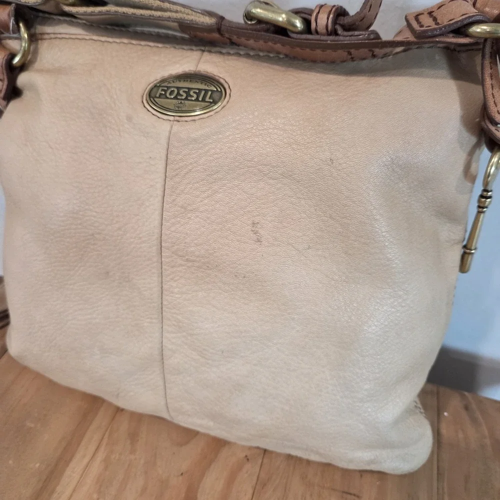 Fossil Tan Leather Crossbody Shoulder Bag Canvas Strap Key Charm Mul